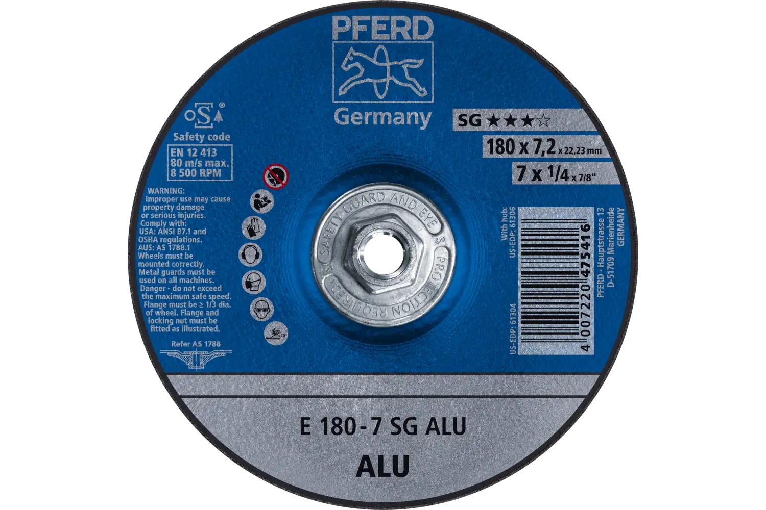 Picture of Pferd Grinding Wheel, 7" X 1/4 X 5/8-11, Sg Alu, T27, Aluminum Oxide, Silicon Carbide